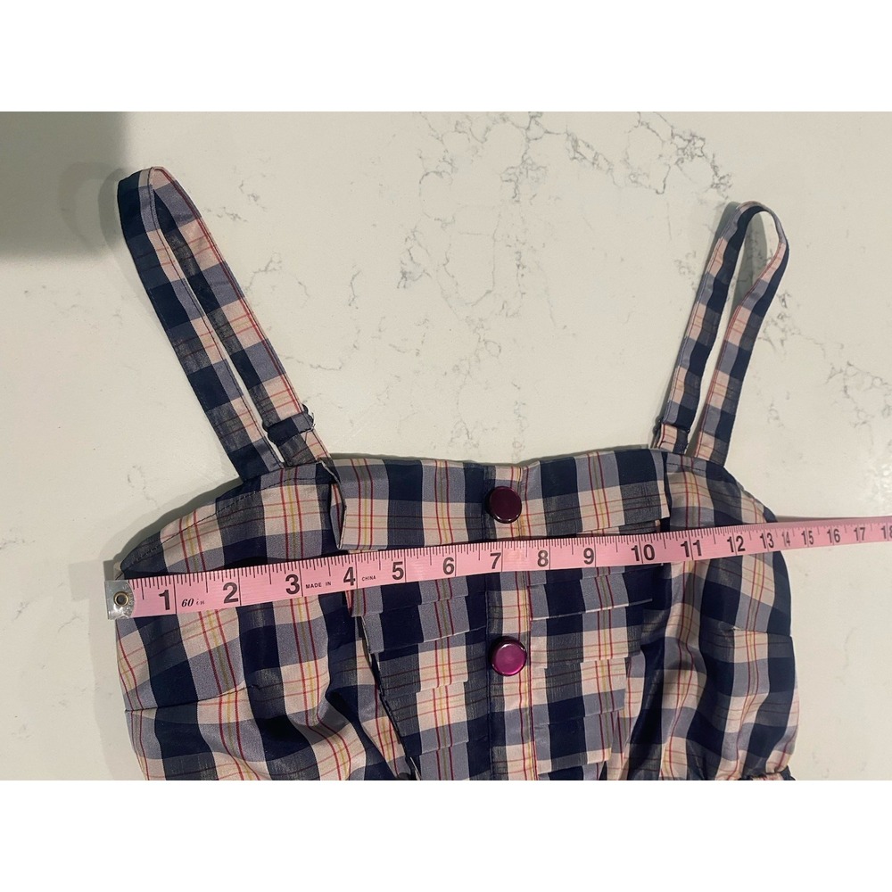 Anthropologie Maeve XS Plaid Mini Dress Blue Pink Cottagecore Preppy Pinafore - Picture 4 of 9
